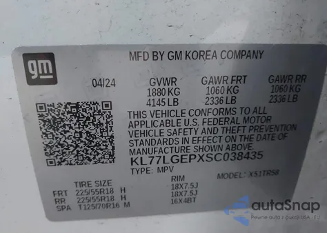 2025 Chevrolet Trax 1Rs z USA, uszkodzony, nr VIN KL77LGEPXSC038435